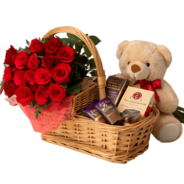 Gift basket with flowers and teddy bear